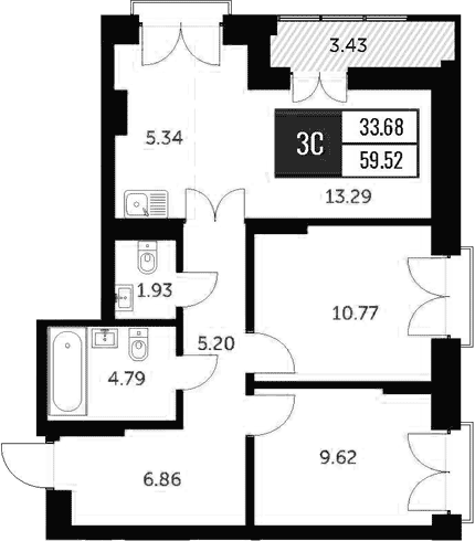 Планировка 3е-к.кв 57.58 м² в ЖК «Академия»