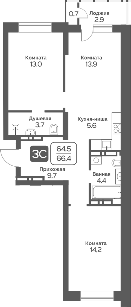 Планировка 3е-к.кв 64.50 м² в ЖК «Сердце Бердска»