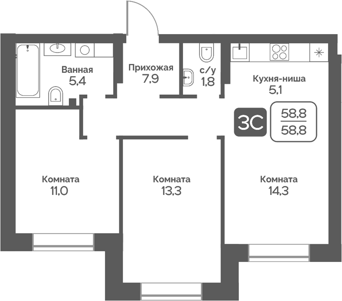 Планировка 3е-к.кв 58.80 м² в ЖК «Сердце Бердска»
