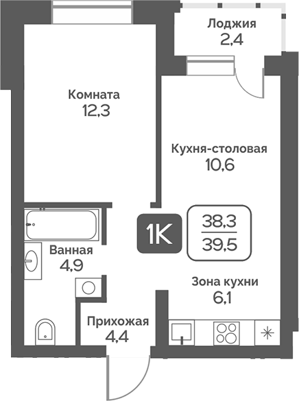 Планировка 1-к.кв 38.30 м² в ЖК «Сердце Бердска»