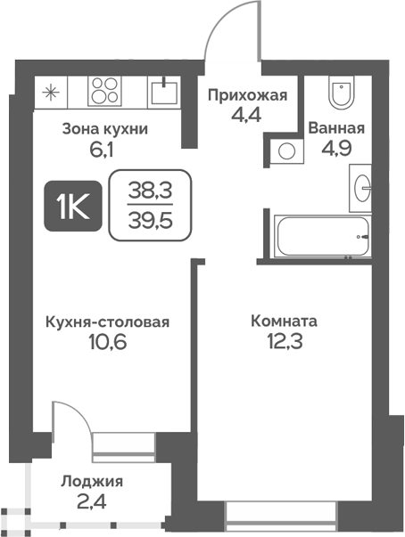 Планировка 1-к.кв 38.30 м² в ЖК «Сердце Бердска»