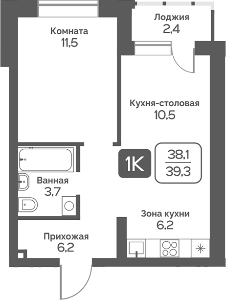 Планировка 1-к. квартира 38.10 м² в ЖК «Сердце Бердска»