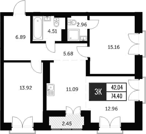 Планировка 2-к.кв 72.97 м² в ЖК «Академия»