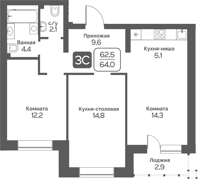 Планировка 3е-к. квартира 62.50 м² в ЖК «Сердце Бердска»