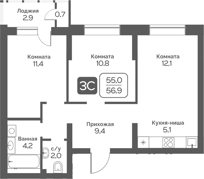 Планировка 3е-к. квартира 55.00 м² в ЖК «Сердце Бердска»