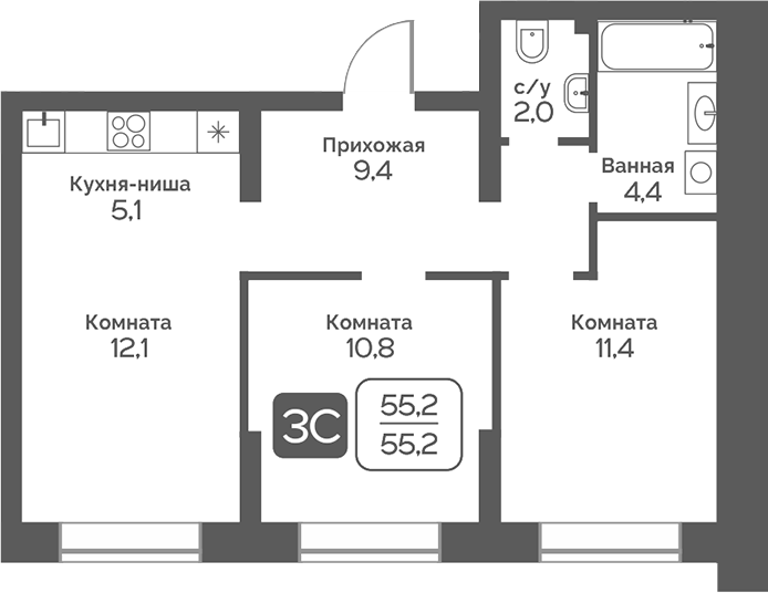 Планировка 3е-к.кв 55.20 м² в ЖК «Сердце Бердска»