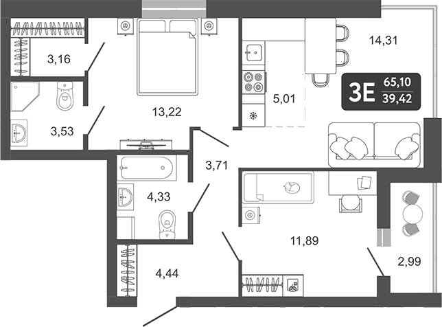 Планировка 3е-к.кв 63.60 м² в ЖК «Наследие. Кемерово»