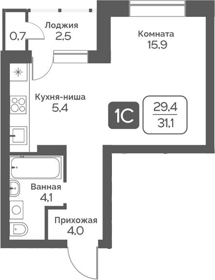Планировка студии 29.40 м² в ЖК «Сердце Бердска»