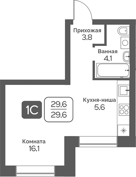 Планировка студии 29.60 м² в ЖК «Сердце Бердска»