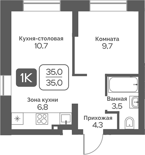 Планировка 1-к. квартира 35.00 м² в ЖК «Сердце Бердска»