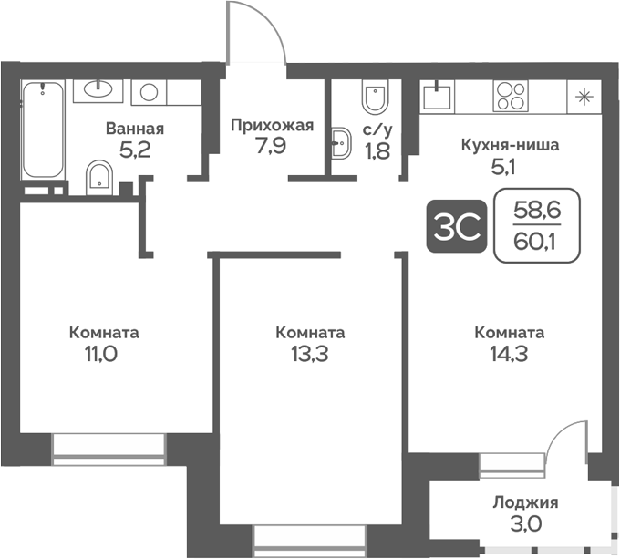 Планировка 3е-к.кв 58.60 м² в ЖК «Сердце Бердска»