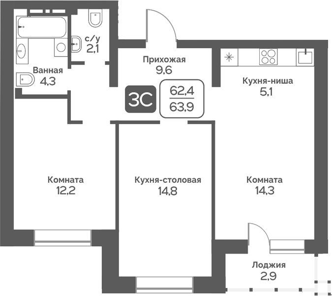 Планировка 3е-к. квартира 62.40 м² в ЖК «Сердце Бердска»