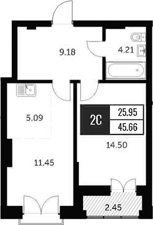 Планировка 2е-к.кв 44.17 м² в ЖК «Академия»