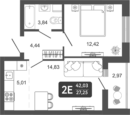 Планировка 2е-к.кв 40.54 м² в ЖК «Наследие. Кемерово»