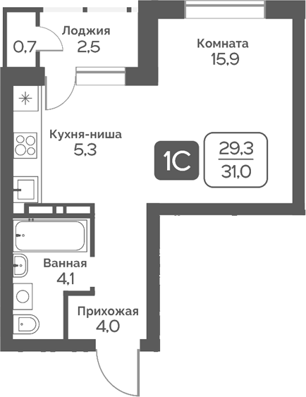 Планировка студии 29.30 м² в ЖК «Сердце Бердска»