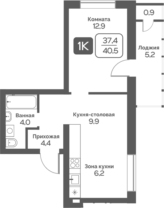 Планировка 1-к.кв 37.40 м² в ЖК «Сердце Бердска»