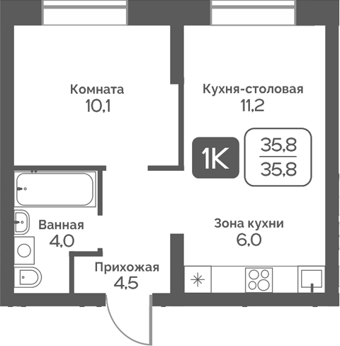 Планировка 1-к. квартира 35.80 м² в ЖК «Сердце Бердска»