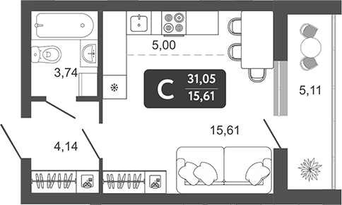 Планировка студия 28.49 м² в ЖК «Наследие. Кемерово»