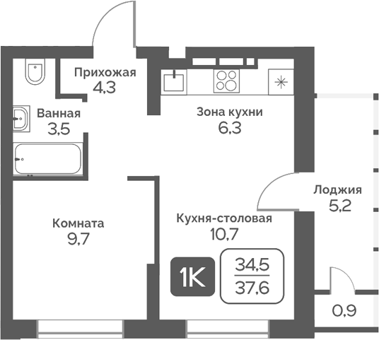Планировка 1-к.кв 34.50 м² в ЖК «Сердце Бердска»
