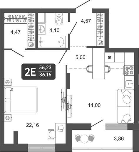 Планировка 2е-к. квартира 54.30 м² в ЖК «Наследие. Кемерово»