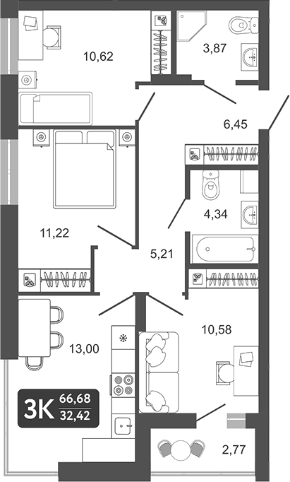Планировка 3-к.кв 65.29 м² в ЖК «Наследие. Кемерово»