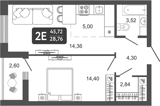 Планировка 2е-к.кв 44.42 м² в ЖК «Наследие. Кемерово»