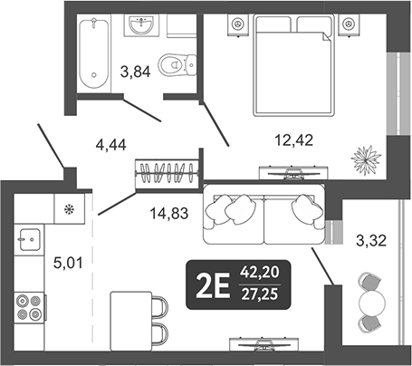 Планировка 2е-к. квартира 40.54 м² в ЖК «Наследие. Кемерово»