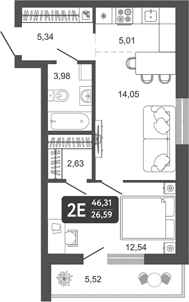 Планировка 2е-к. квартира 43.55 м² в ЖК «Наследие. Кемерово»