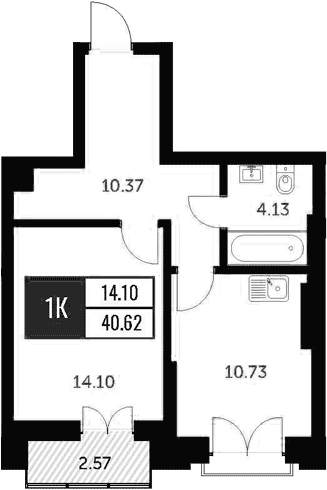 Планировка 1-к.кв 39.31 м² в ЖК «Академия»