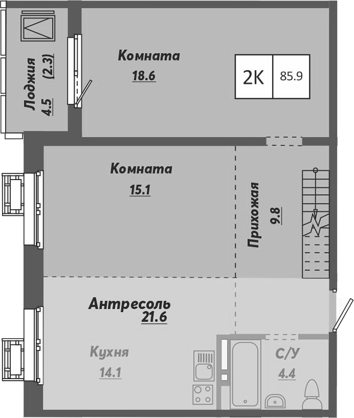 Планировка 2-к.кв 83.60 м² в ЖК «Ежевика»