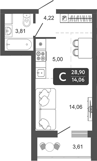 Планировка студия 27.09 м² в ЖК «Наследие. Кемерово»
