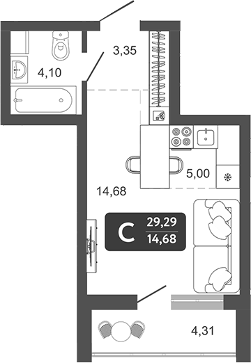Планировка студия 27.13 м² в ЖК «Наследие. Кемерово»
