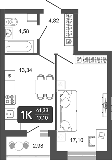 Планировка 1-к. квартира 39.84 м² в ЖК «Наследие. Кемерово»