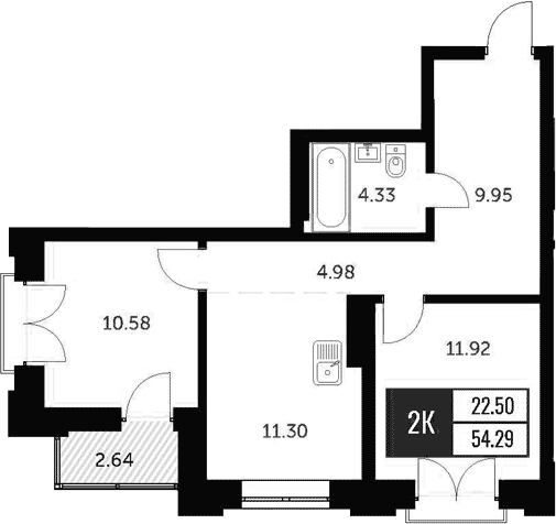 Планировка 2-к.кв 52.88 м² в ЖК «Академия»