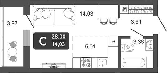 Планировка студия 26.01 м² в ЖК «Наследие. Кемерово»