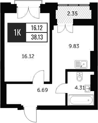 Планировка 1-к.кв 36.92 м² в ЖК «Академия»