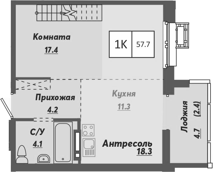 Планировка 1-к.кв 55.30 м² в ЖК «Ежевика»
