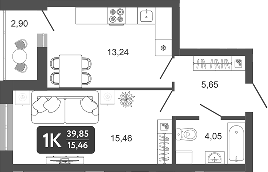 Планировка 1-к.кв 38.40 м² в ЖК «Наследие. Кемерово»