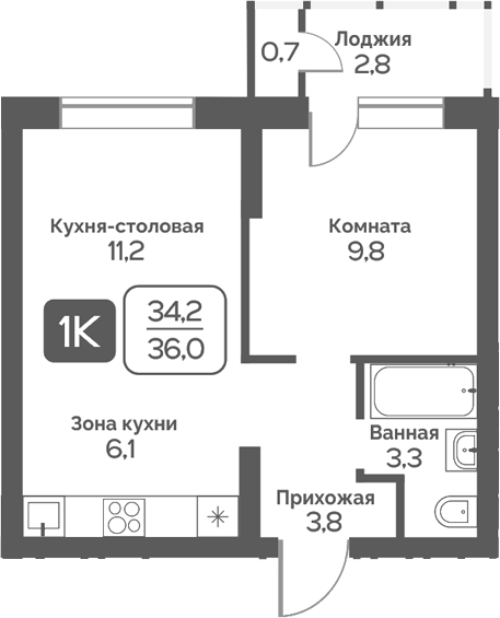 Планировка 1-к.кв 34.20 м² в ЖК «Сердце Бердска»