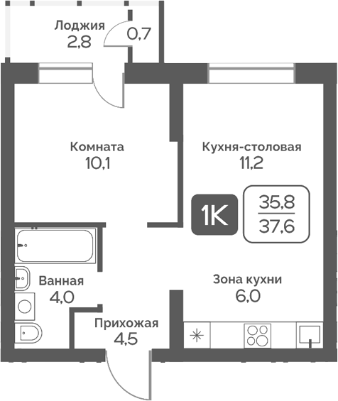 Планировка 1-к. квартира 35.80 м² в ЖК «Сердце Бердска»
