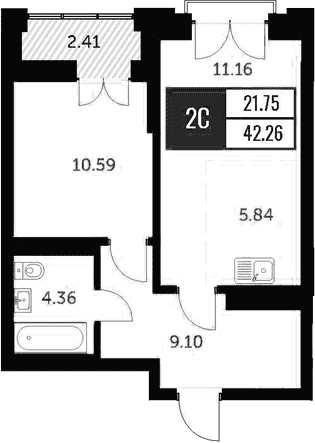 Планировка 2е-к.кв 40.99 м² в ЖК «Академия»