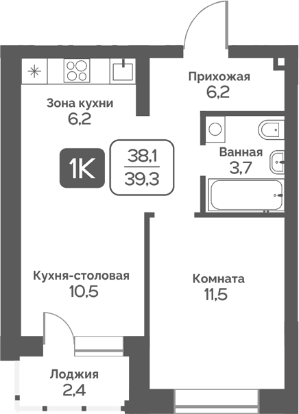 Планировка 1-к.кв 38.10 м² в ЖК «Сердце Бердска»