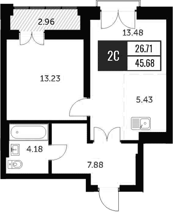 Планировка 2е-к.кв 44.12 м² в ЖК «Академия»