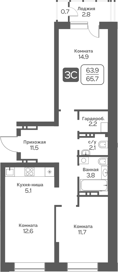 Планировка 3е-к.кв 63.90 м² в ЖК «Сердце Бердска»