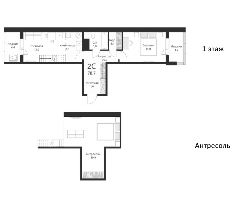 Планировка 2е-к.кв 74.05 м² в ЖК «Ежевика»