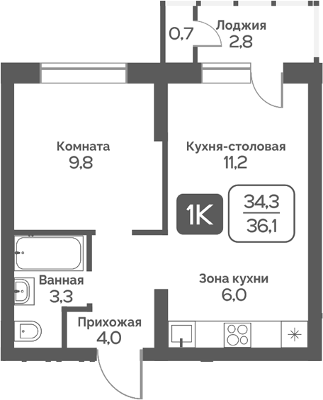 Планировка 1-к.кв 34.30 м² в ЖК «Сердце Бердска»
