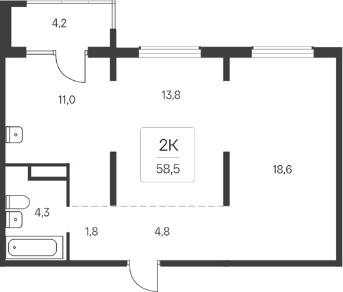 Планировка 2-к.кв 54.30 м² в ЖК «Расцветай у Академгородка»
