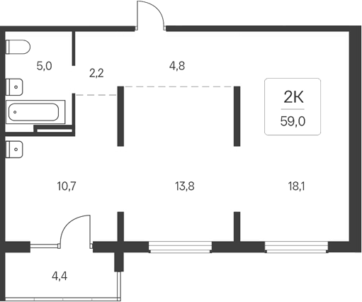 Планировка 2-к.кв 54.60 м² в ЖК «Расцветай у Академгородка»