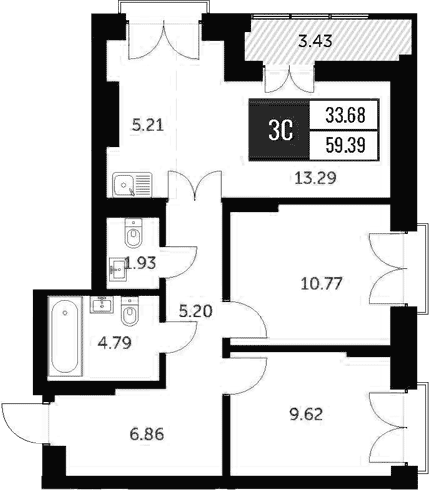 Планировка 3е-к.кв 57.58 м² в ЖК «Академия»