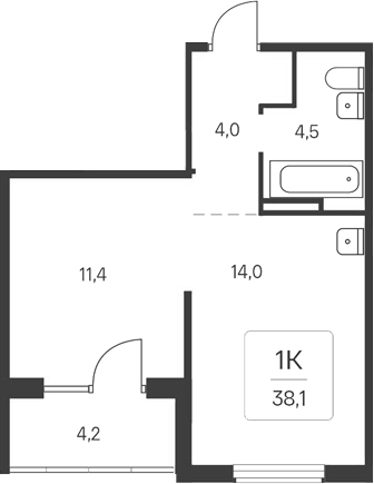 Планировка 1-к.кв 33.90 м² в ЖК «Расцветай у Академгородка»